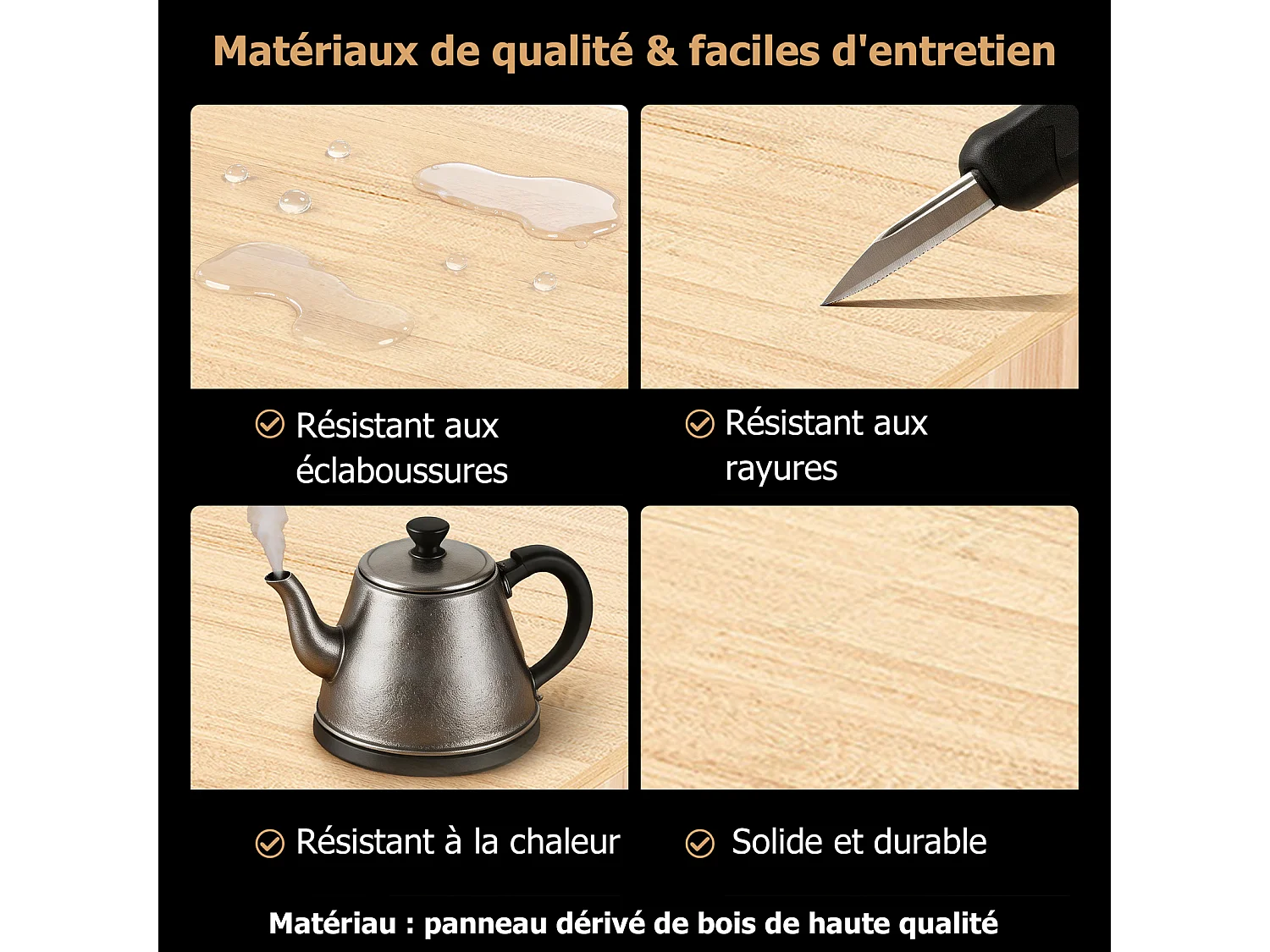 Îlot central de cuisine 140 cm avec plan de travail extensible, 4 tiroirs et 2 placards, effet bois naturel