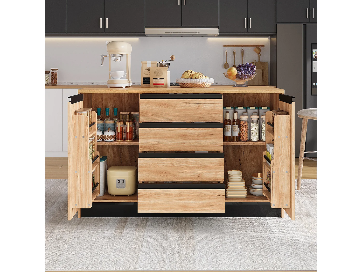 Îlot central de cuisine 140 cm avec plan de travail extensible, 4 tiroirs et 2 placards, effet bois naturel