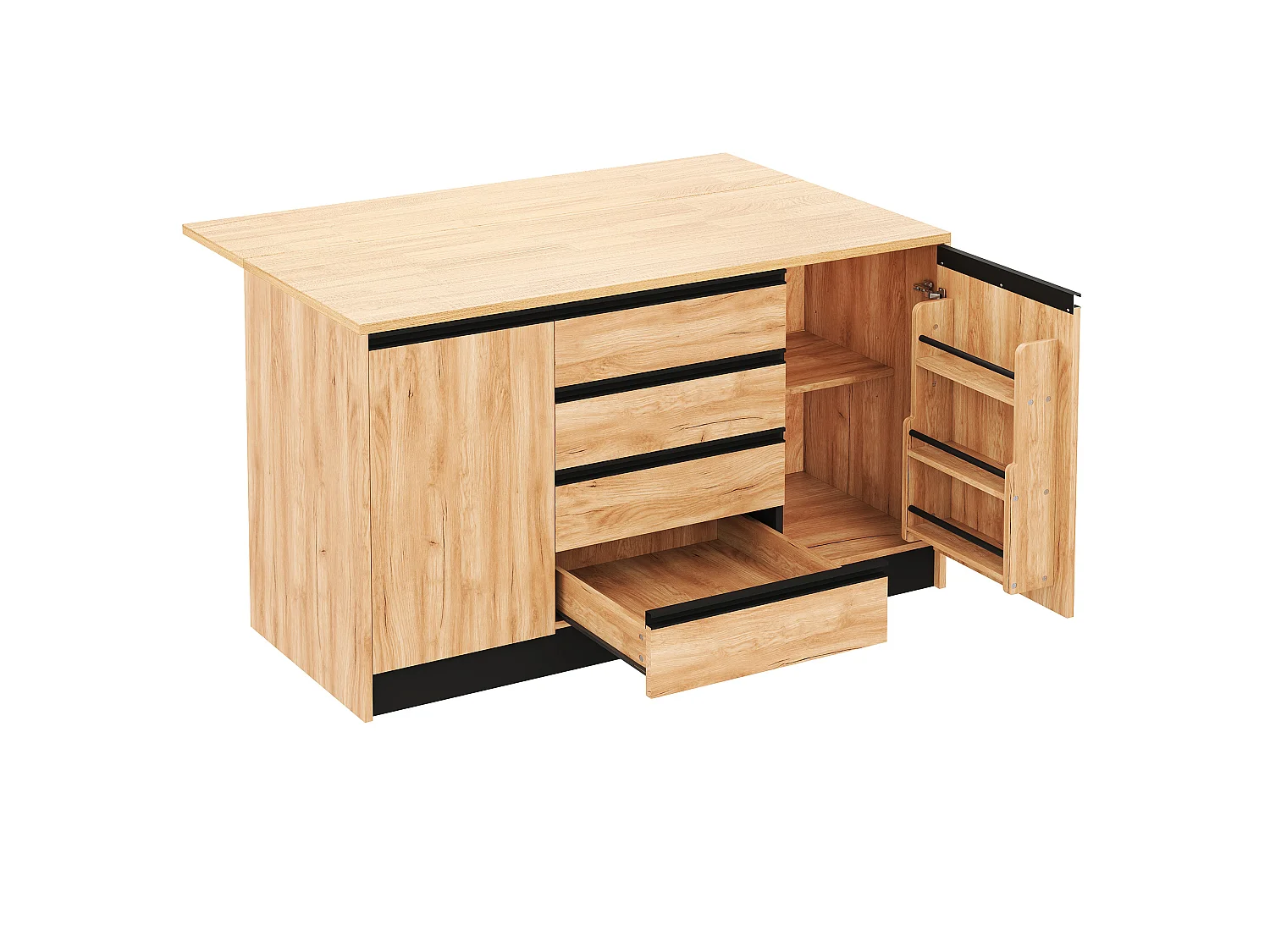 Îlot central de cuisine 140 cm avec plan de travail extensible, 4 tiroirs et 2 placards, effet bois naturel