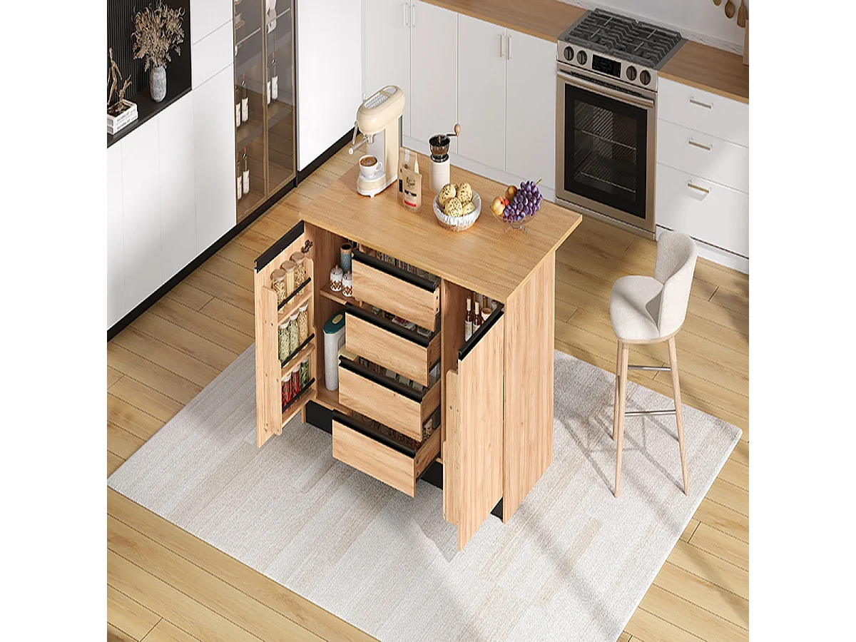 Îlot central de cuisine 140 cm avec plan de travail extensible, 4 tiroirs et 2 placards, effet bois naturel