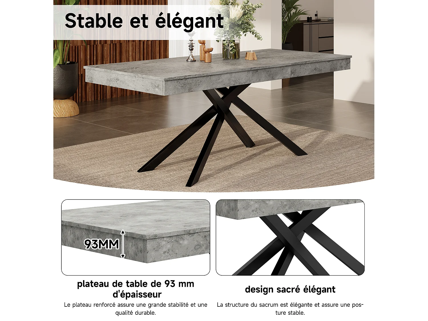 Table à manger extensible de 140 à 180 cm, MDF gris effet béton, pieds métal