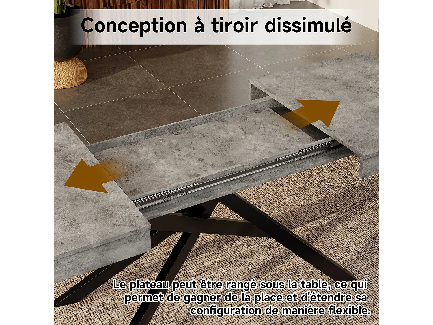 Table à manger extensible de 140 à 180 cm, MDF gris effet béton, pieds métal