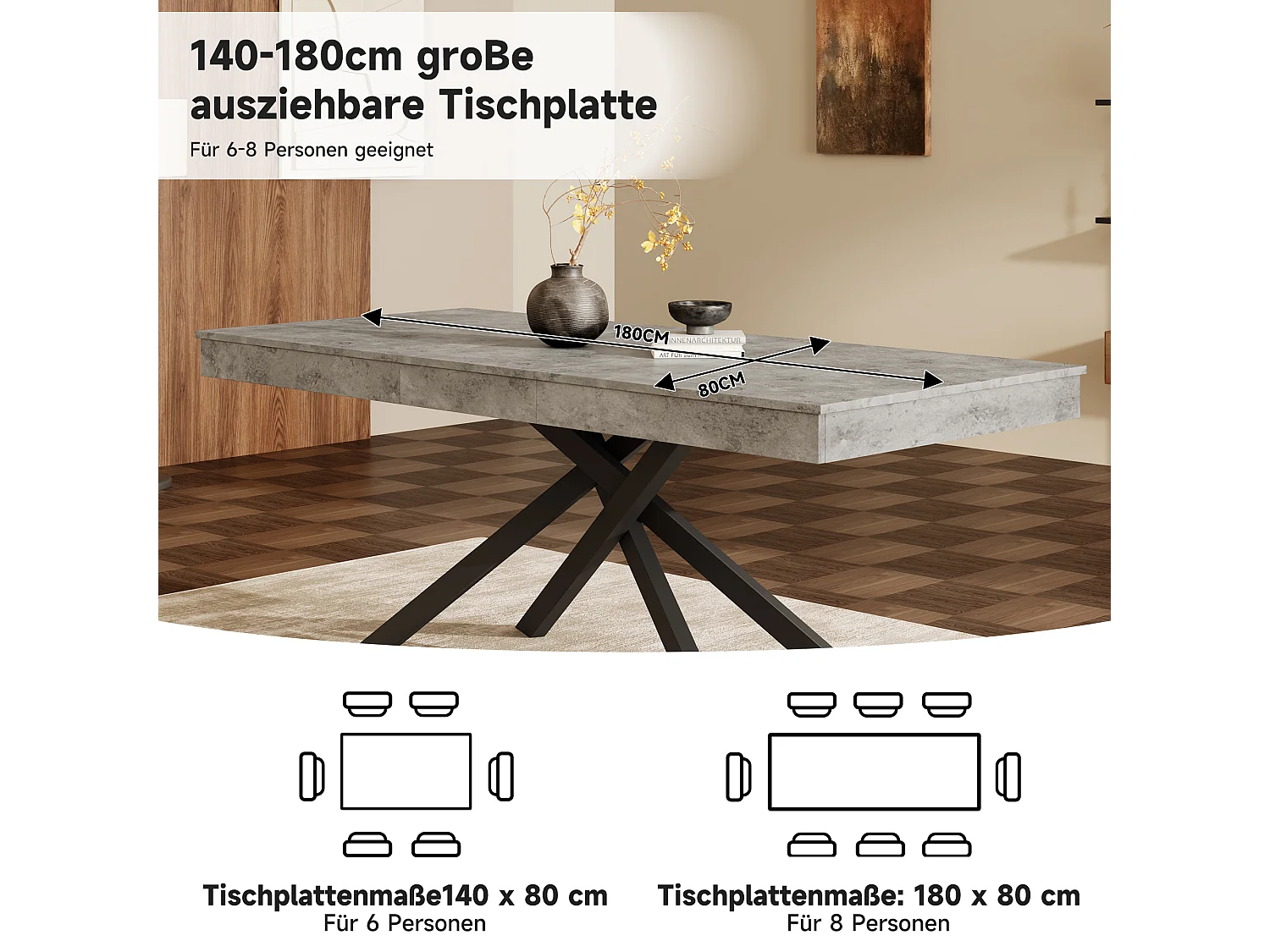 Table à manger extensible de 140 à 180 cm, MDF gris effet béton, pieds métal