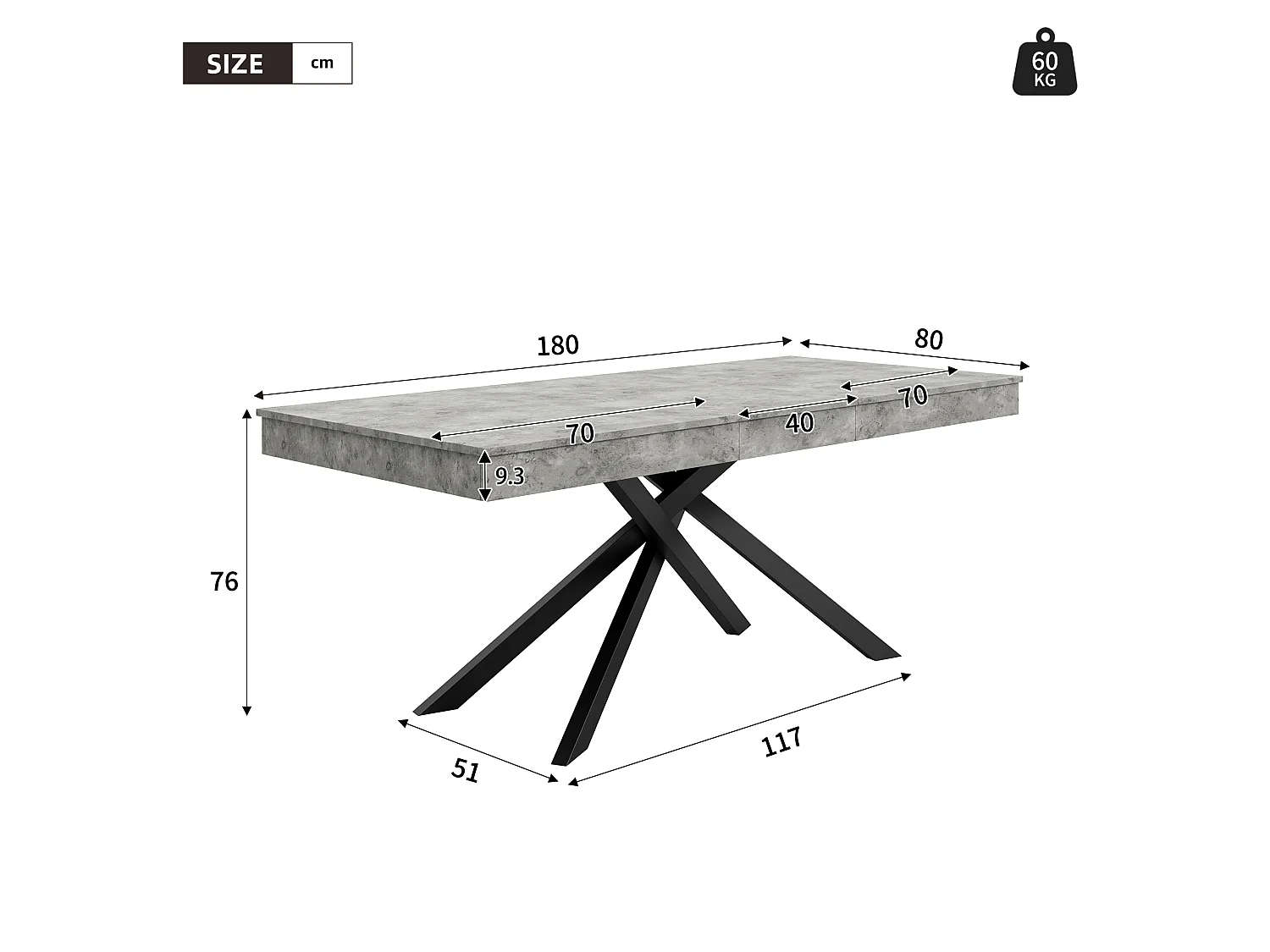 Table à manger extensible de 140 à 180 cm, MDF gris effet béton, pieds métal