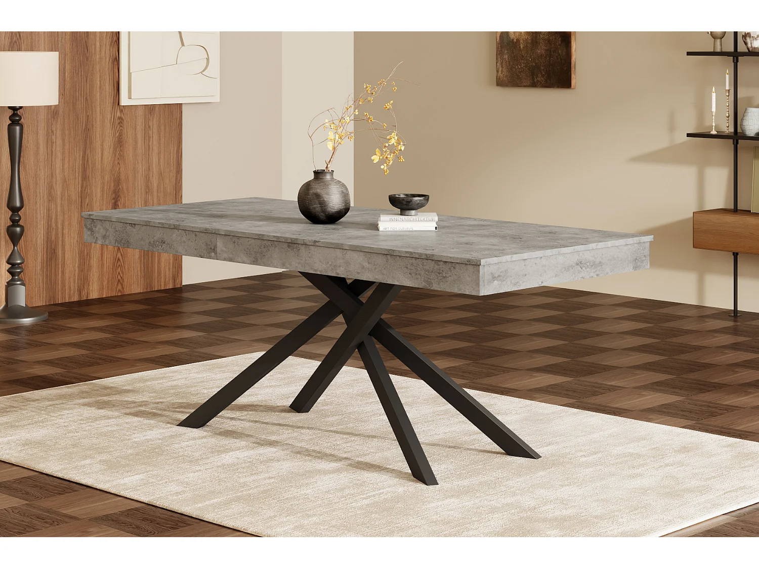 Table à manger extensible de 140 à 180 cm, MDF gris effet béton, pieds métal