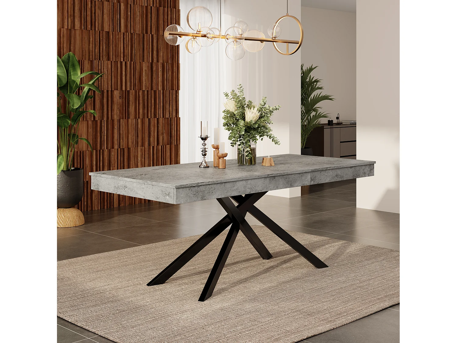Table à manger extensible de 140 à 180 cm, MDF gris effet béton, pieds métal