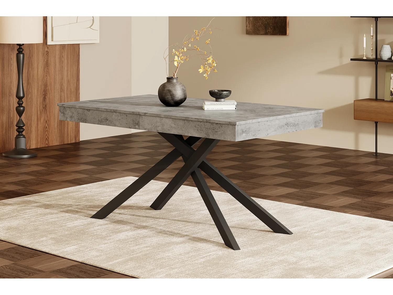 Table à manger extensible de 140 à 180 cm, MDF gris effet béton, pieds métal