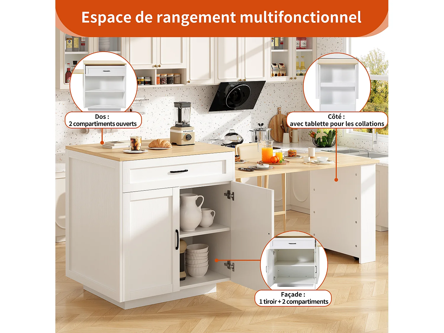 Îlot de cuisine extensible blanc en MDF, 133 à 202 cm, avec rangements