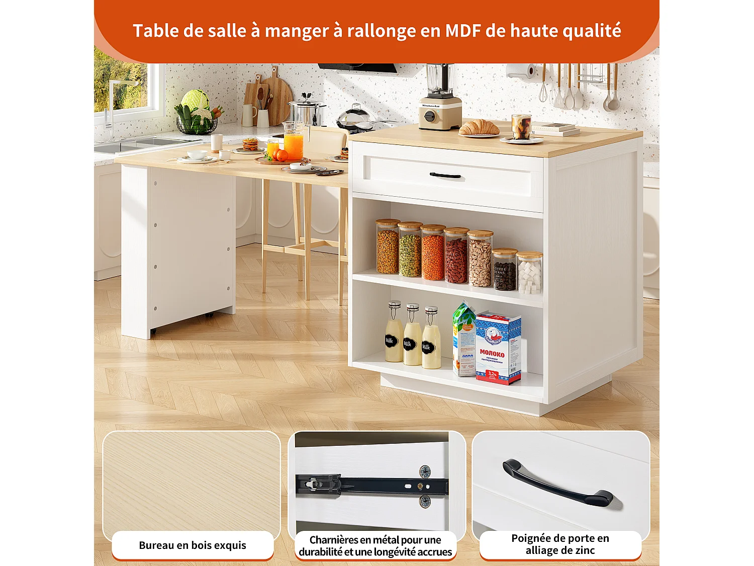Îlot de cuisine extensible blanc en MDF, 133 à 202 cm, avec rangements