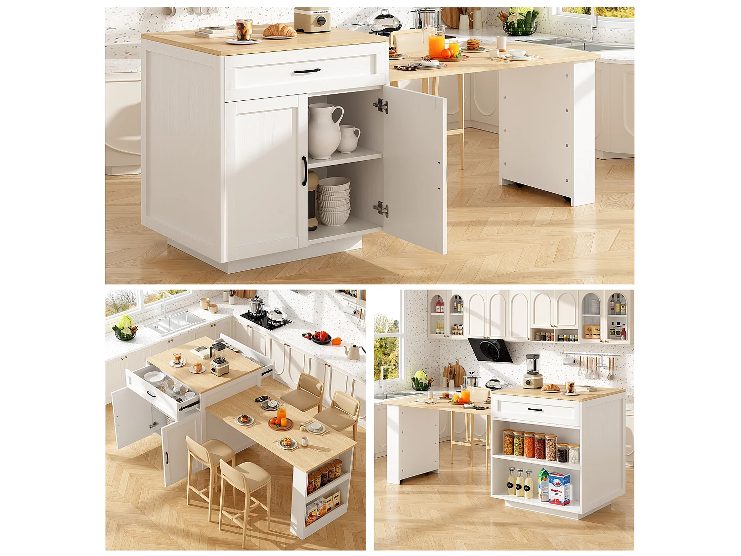 Îlot de cuisine extensible blanc en MDF, 133 à 202 cm, avec rangements