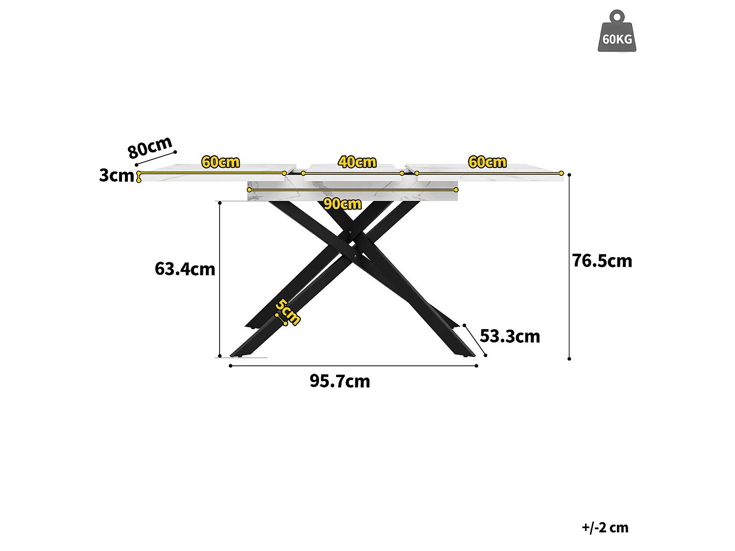 Table à manger extensible 120 à 160 cm en MDF effet marbre blanc, pieds croisés noirs