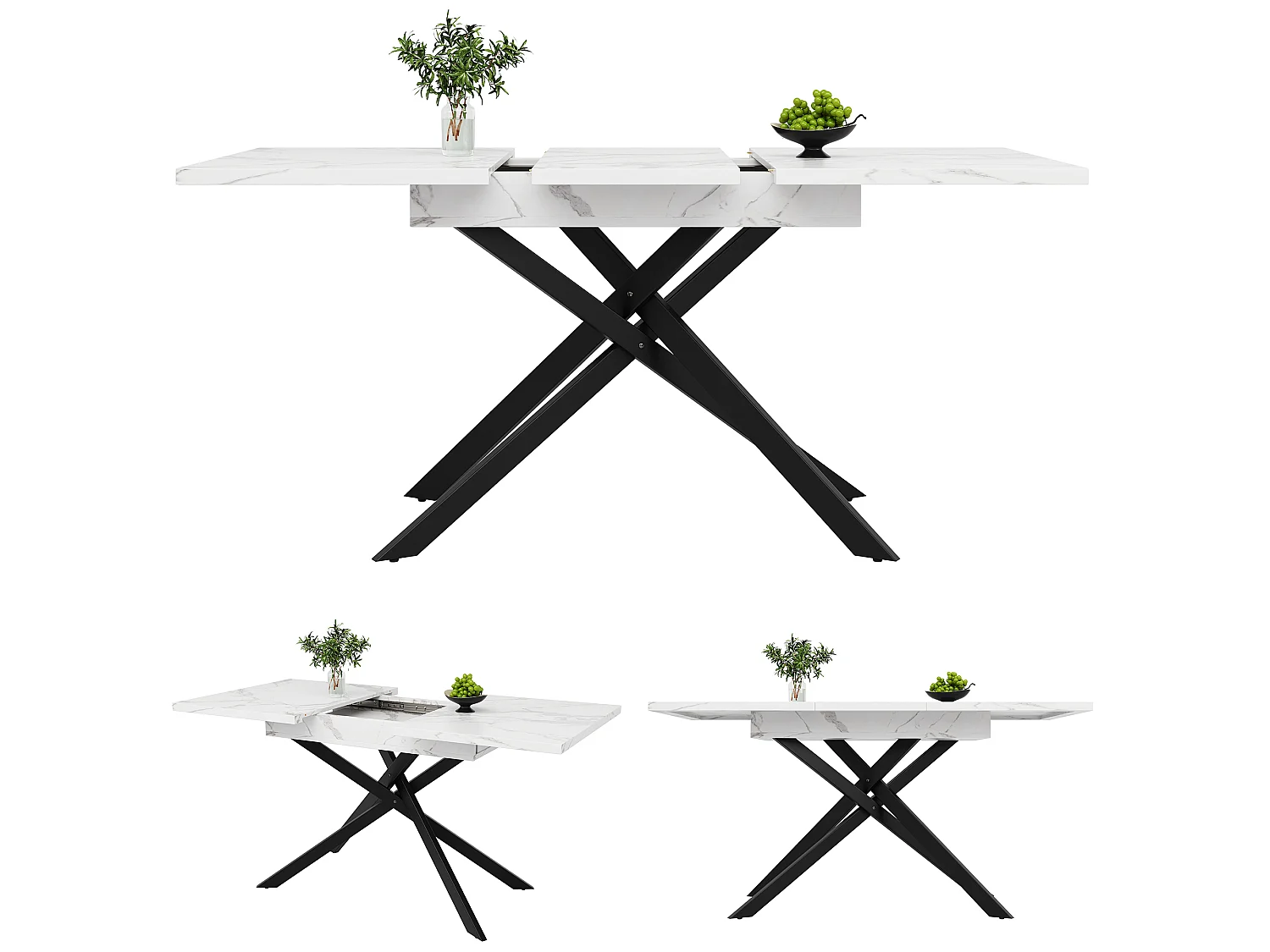 Table à manger extensible 120 à 160 cm en MDF effet marbre blanc, pieds croisés noirs