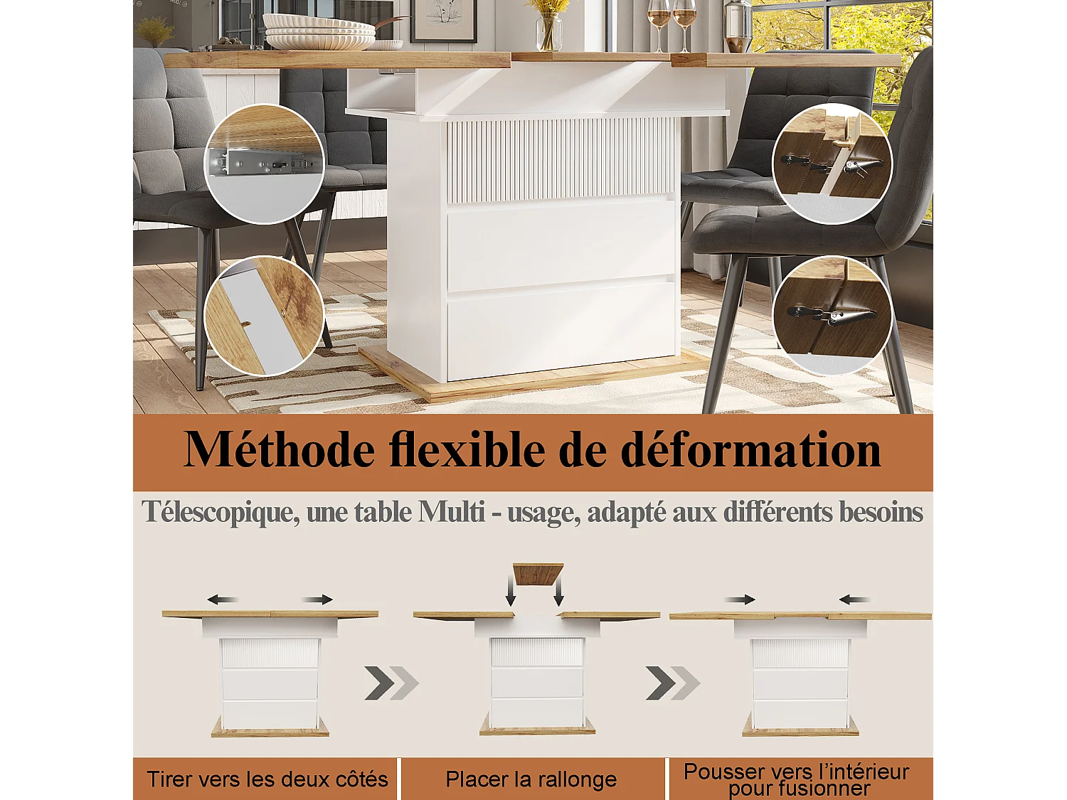 Table à manger extensible 110 à 140 cm, blanc et décor bois, avec rangement