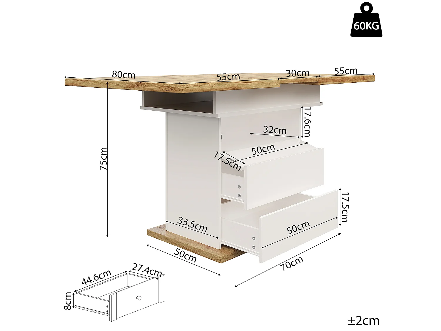 Table à manger extensible 110 à 140 cm, blanc et décor bois, avec rangement