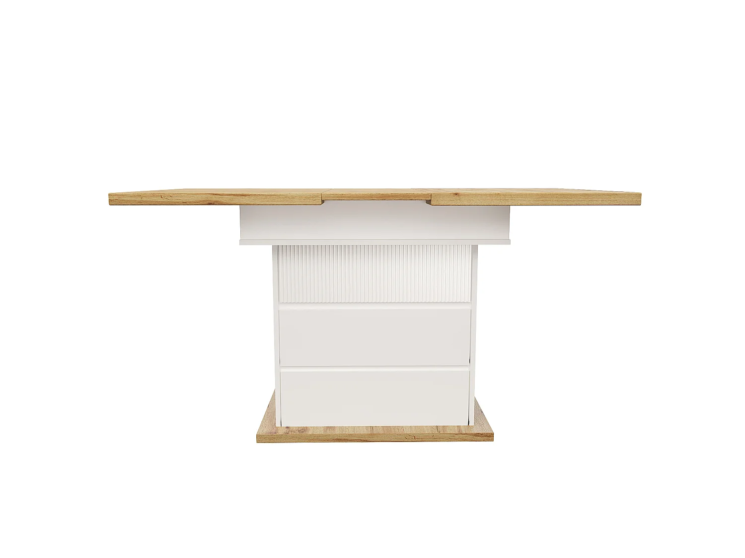 Table à manger extensible 110 à 140 cm, blanc et décor bois, avec rangement