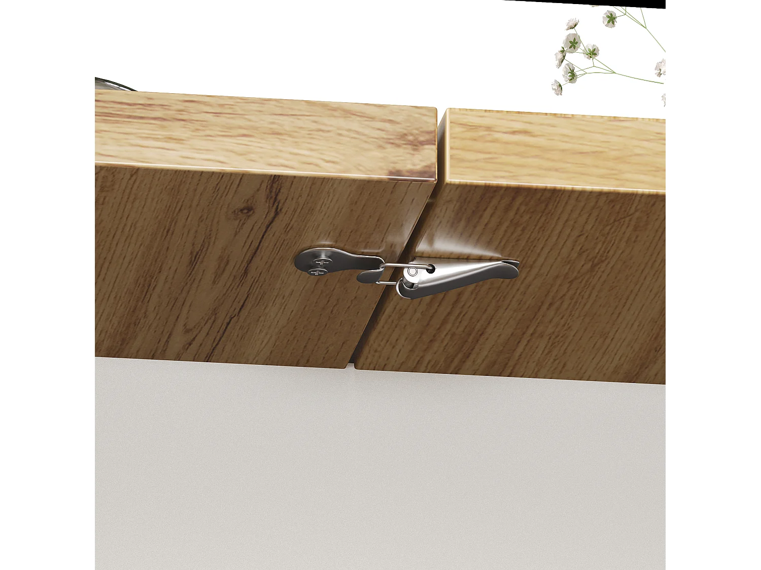 Table à manger extensible 110 à 140 cm, blanc et décor bois, avec rangement