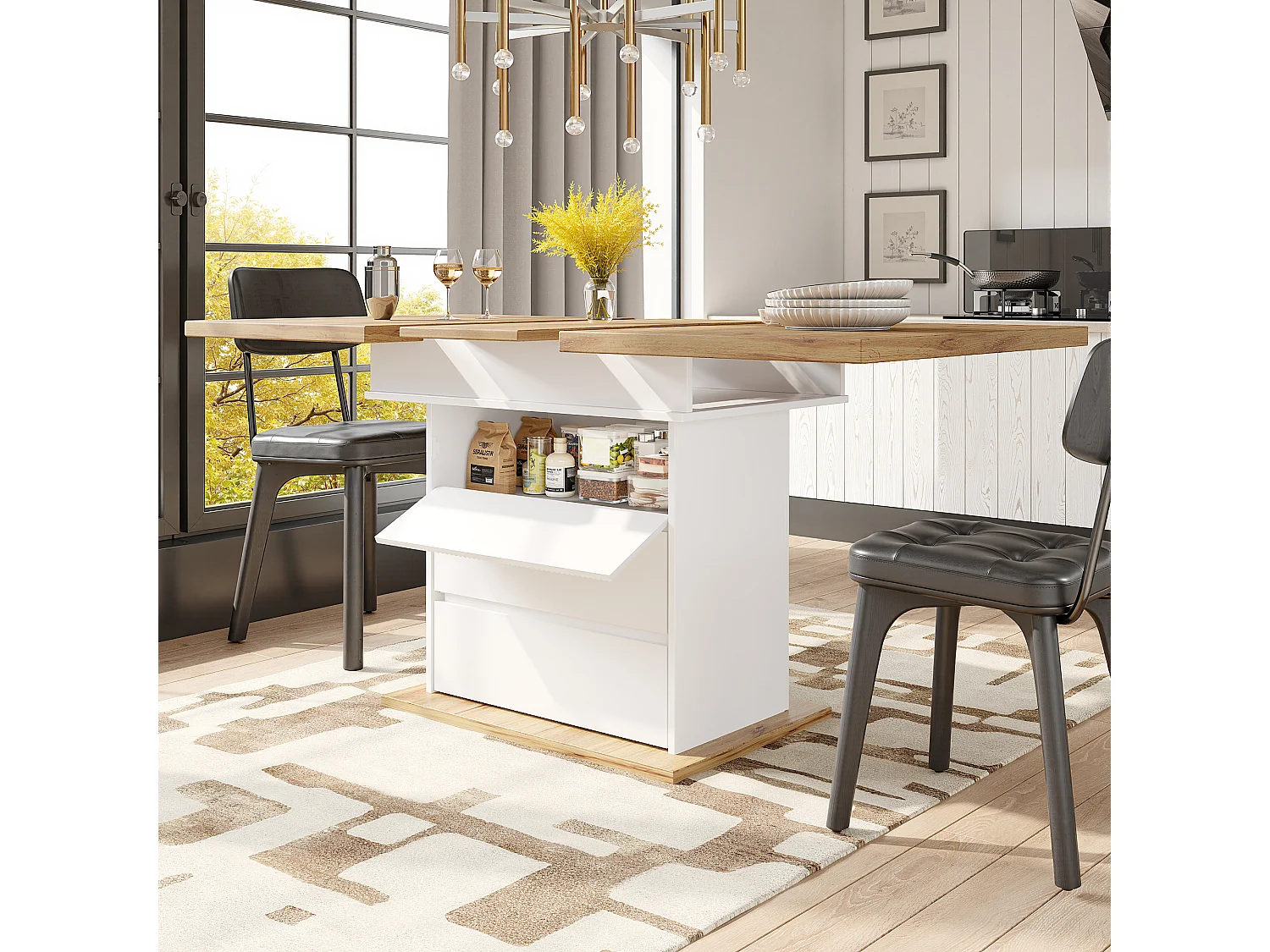 Table à manger extensible 110 à 140 cm, blanc et décor bois, avec rangement