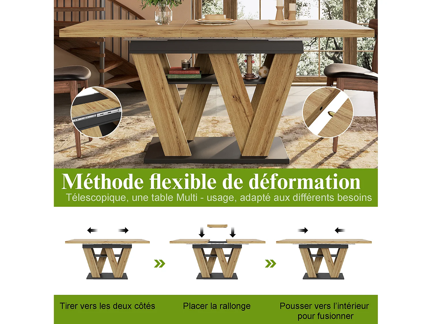 Table à manger extensible 119 à 158,5 cm, décor bois et noir, pieds en W
