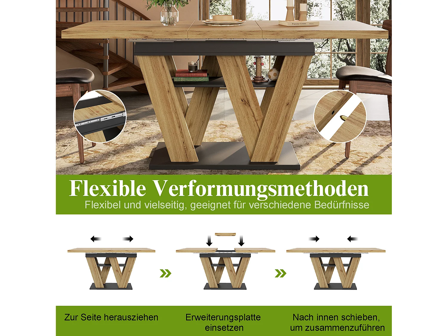 Table à manger extensible 119 à 158,5 cm, décor bois et noir, pieds en W