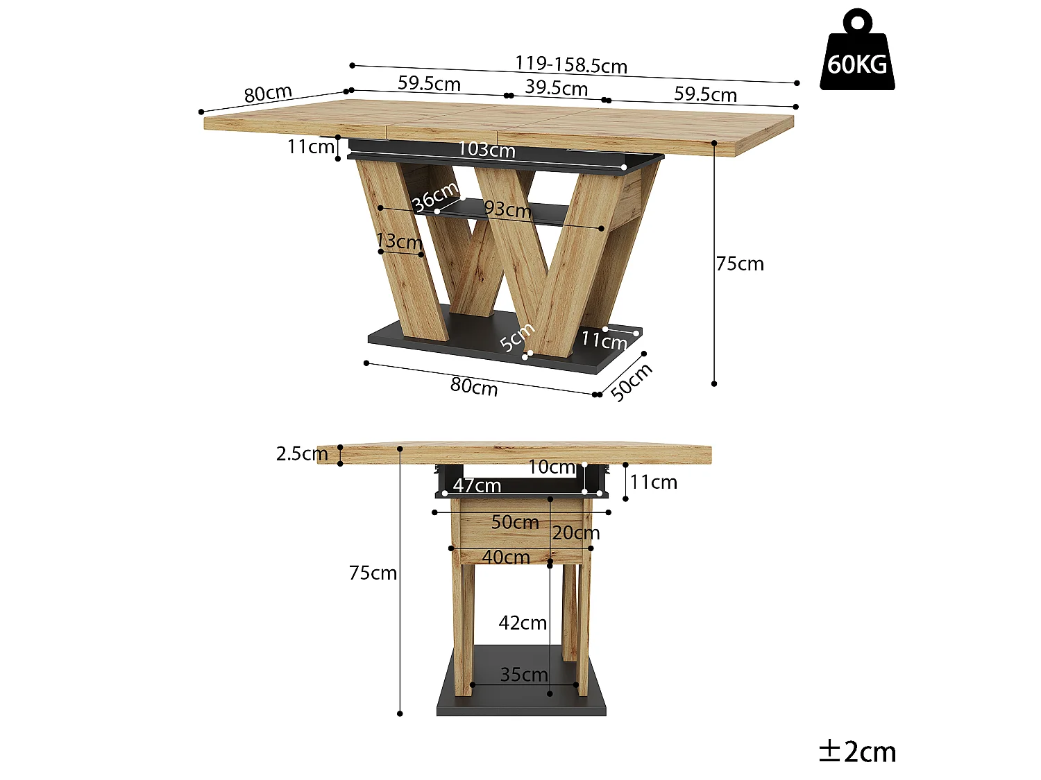 Table à manger extensible 119 à 158,5 cm, décor bois et noir, pieds en W