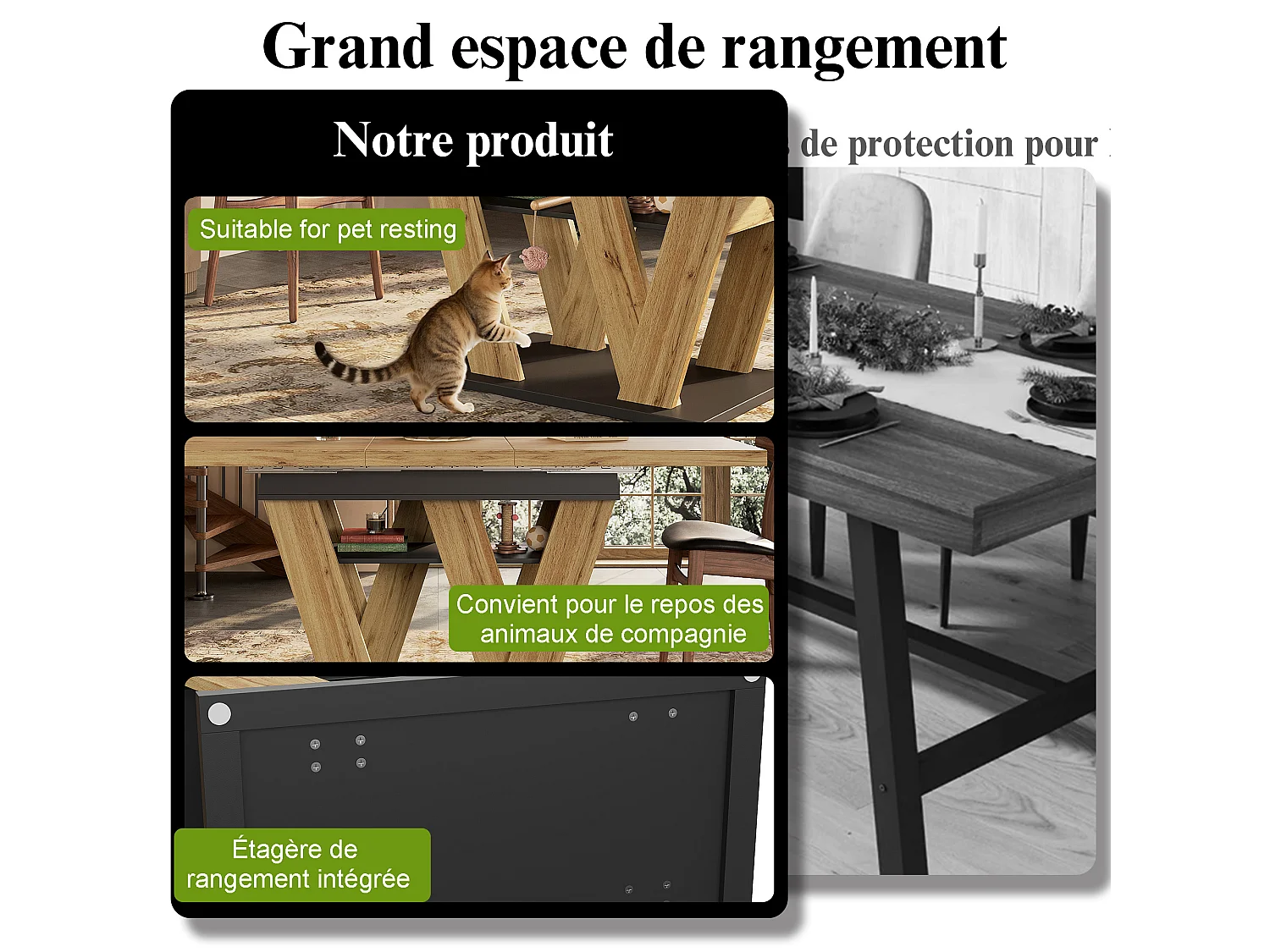 Table à manger extensible 119 à 158,5 cm, décor bois et noir, pieds en W