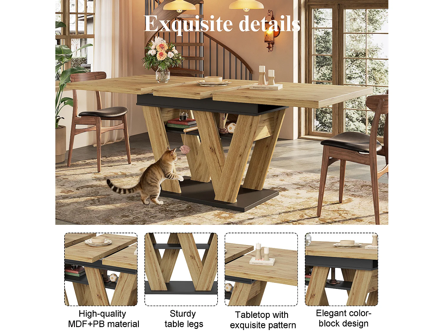 Table à manger extensible 119 à 158,5 cm, décor bois et noir, pieds en W