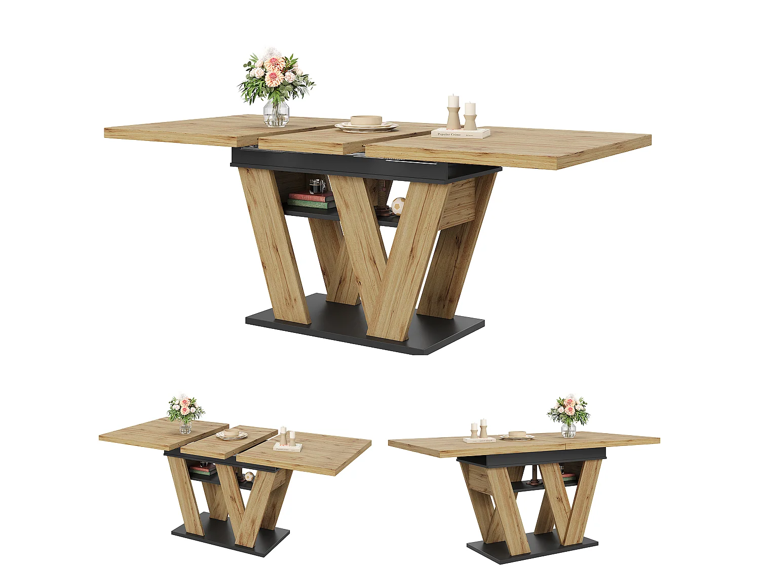 Table à manger extensible 119 à 158,5 cm, décor bois et noir, pieds en W