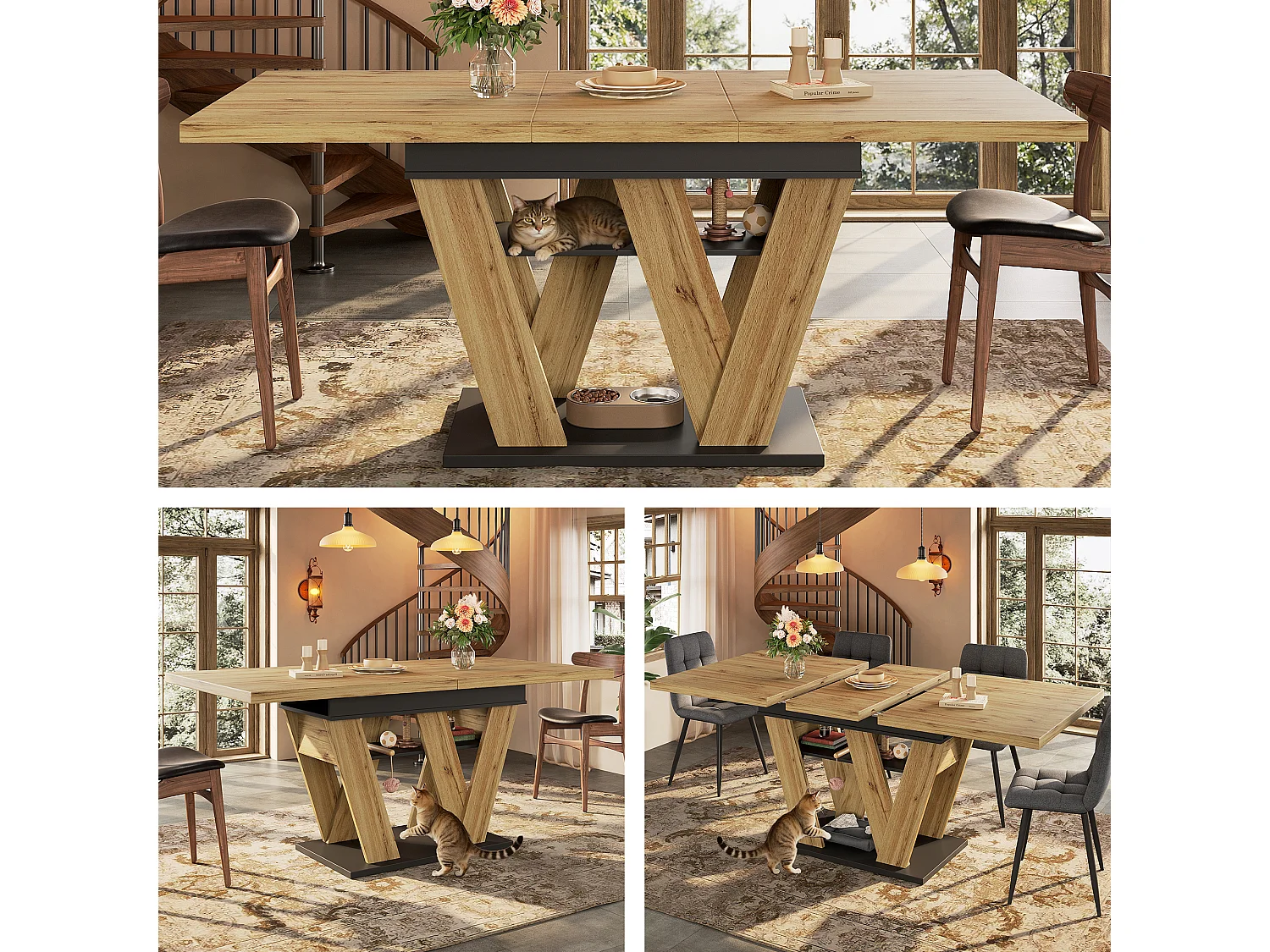 Table à manger extensible 119 à 158,5 cm, décor bois et noir, pieds en W