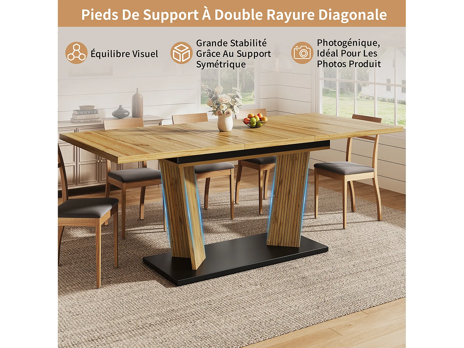 Table à manger extensible de 120 à 160 cm, effet bois chêne, MDF et métal