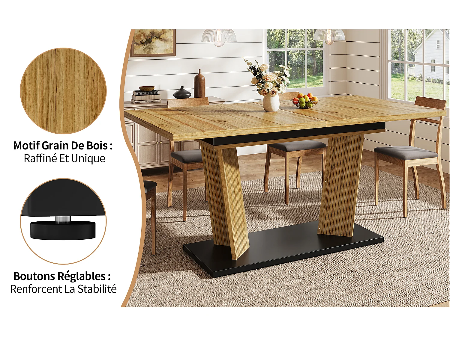 Table à manger extensible de 120 à 160 cm, effet bois chêne, MDF et métal