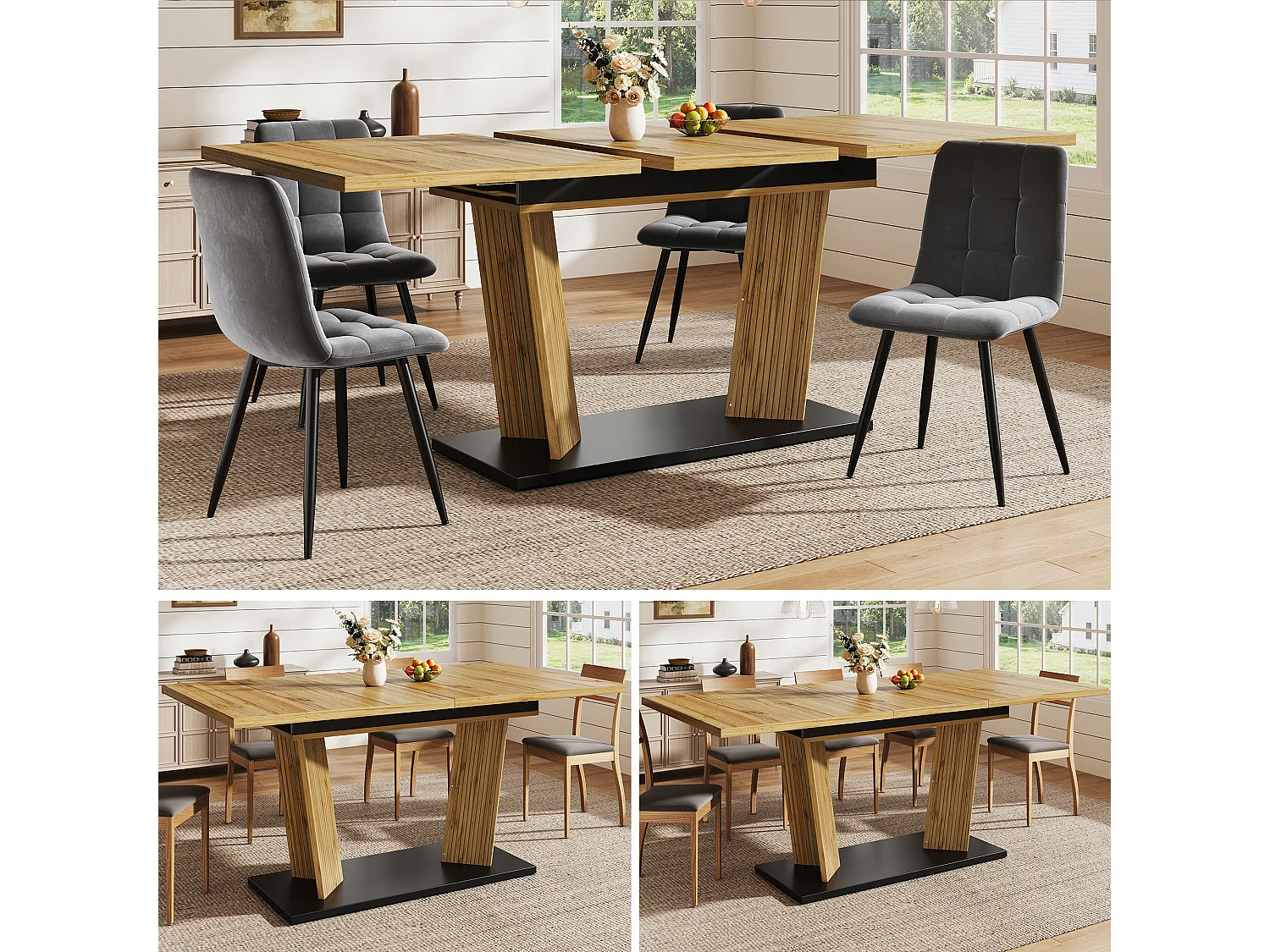 Table à manger extensible de 120 à 160 cm, effet bois chêne, MDF et métal
