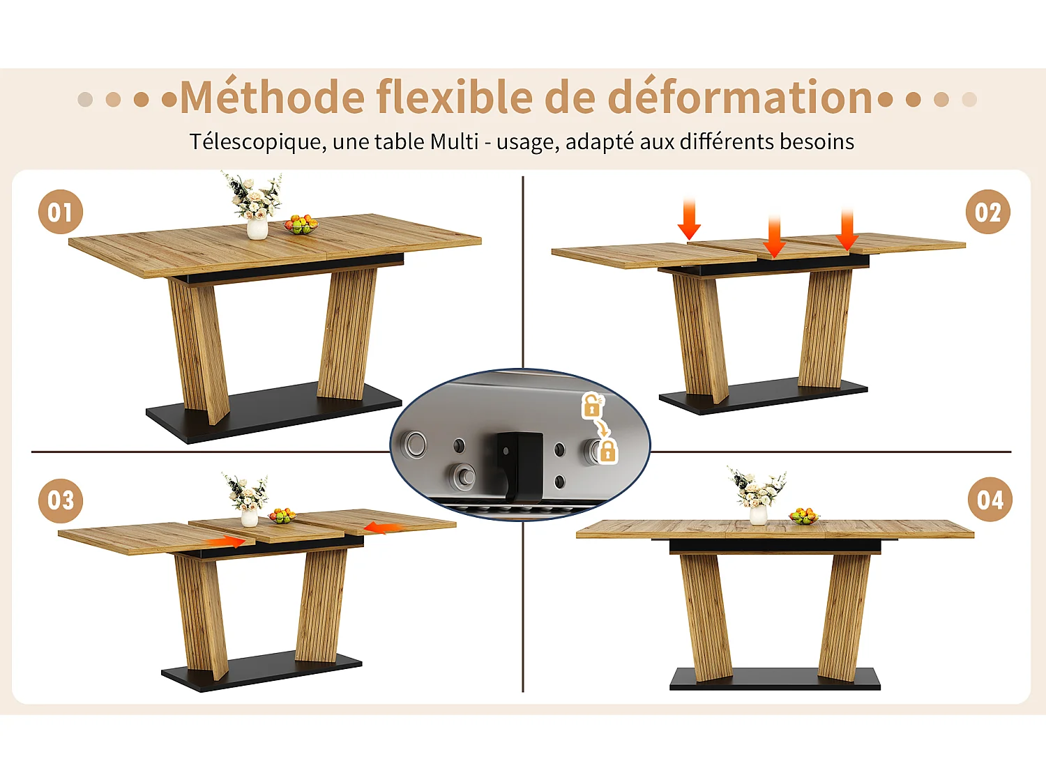 Table à manger extensible de 120 à 160 cm, effet bois chêne, MDF et métal