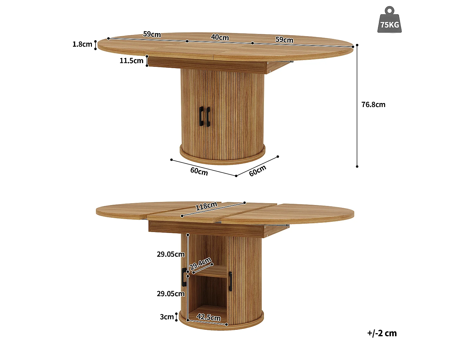 Table à manger extensible de 118 à 158 cm en MDF effet noyer avec rangement