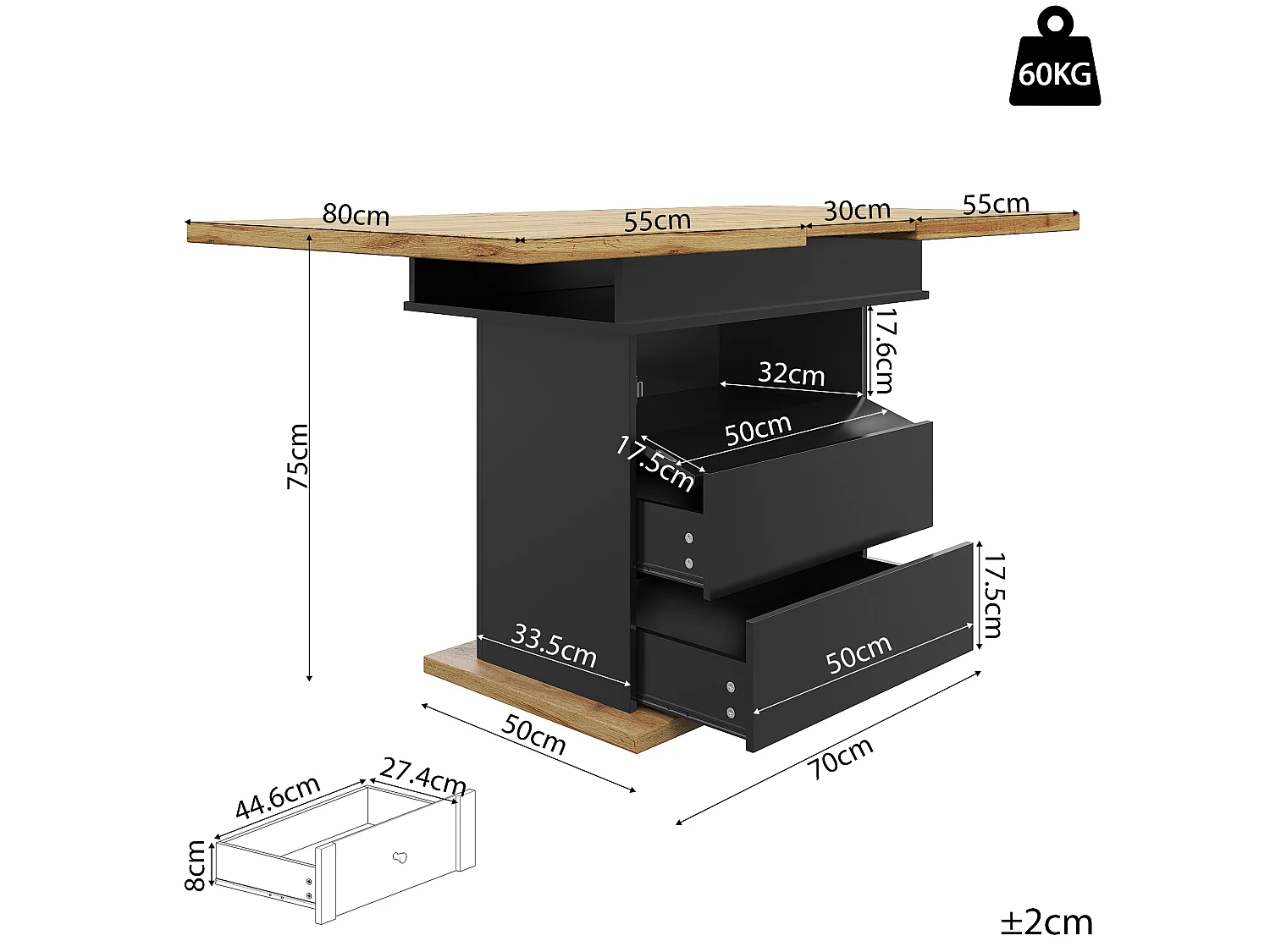 Table à manger extensible 4 à 6 personnes, 110 à 140 x 80 x 75 cm, MDF noir et aspect bois, rangement