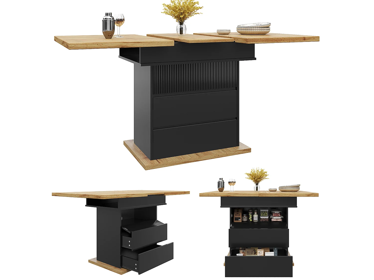 Table à manger extensible 4 à 6 personnes, 110 à 140 x 80 x 75 cm, MDF noir et aspect bois, rangement