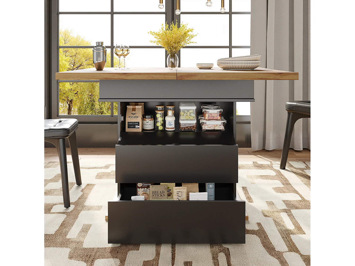 Table à manger extensible 4 à 6 personnes, 110 à 140 x 80 x 75 cm, MDF noir et aspect bois, rangement