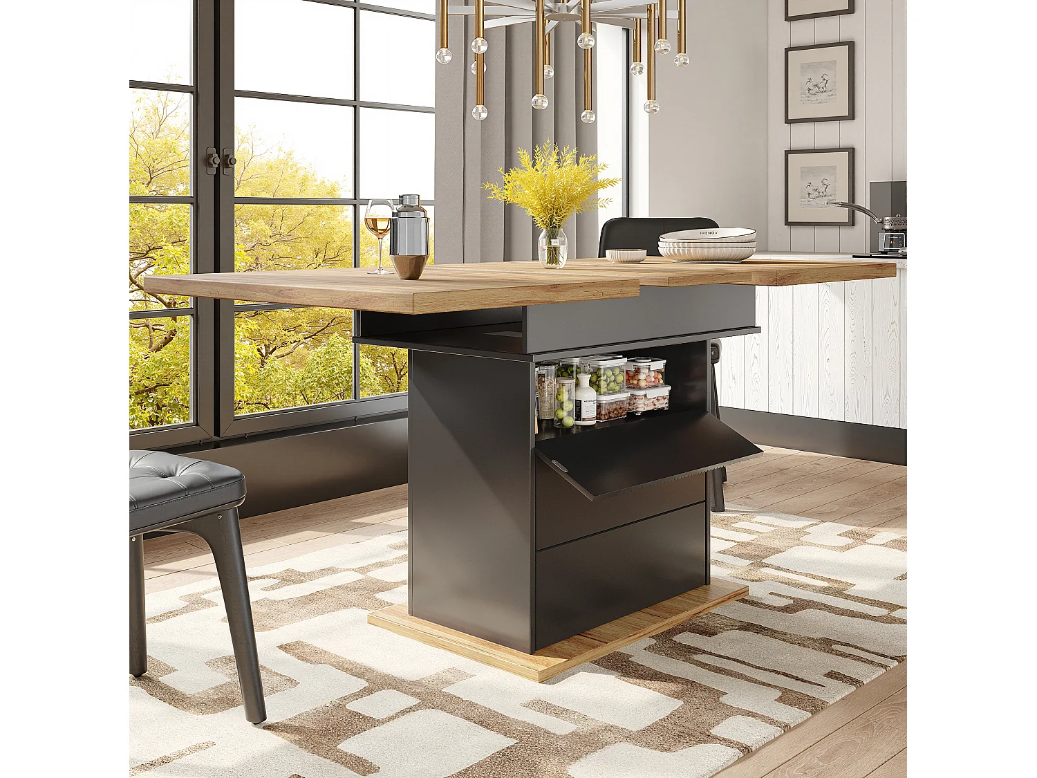 Table à manger extensible 4 à 6 personnes, 110 à 140 x 80 x 75 cm, MDF noir et aspect bois, rangement