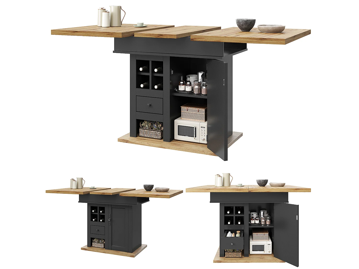 Table à manger extensible 4 à 6 personnes, 110-140 cm, noir et naturel