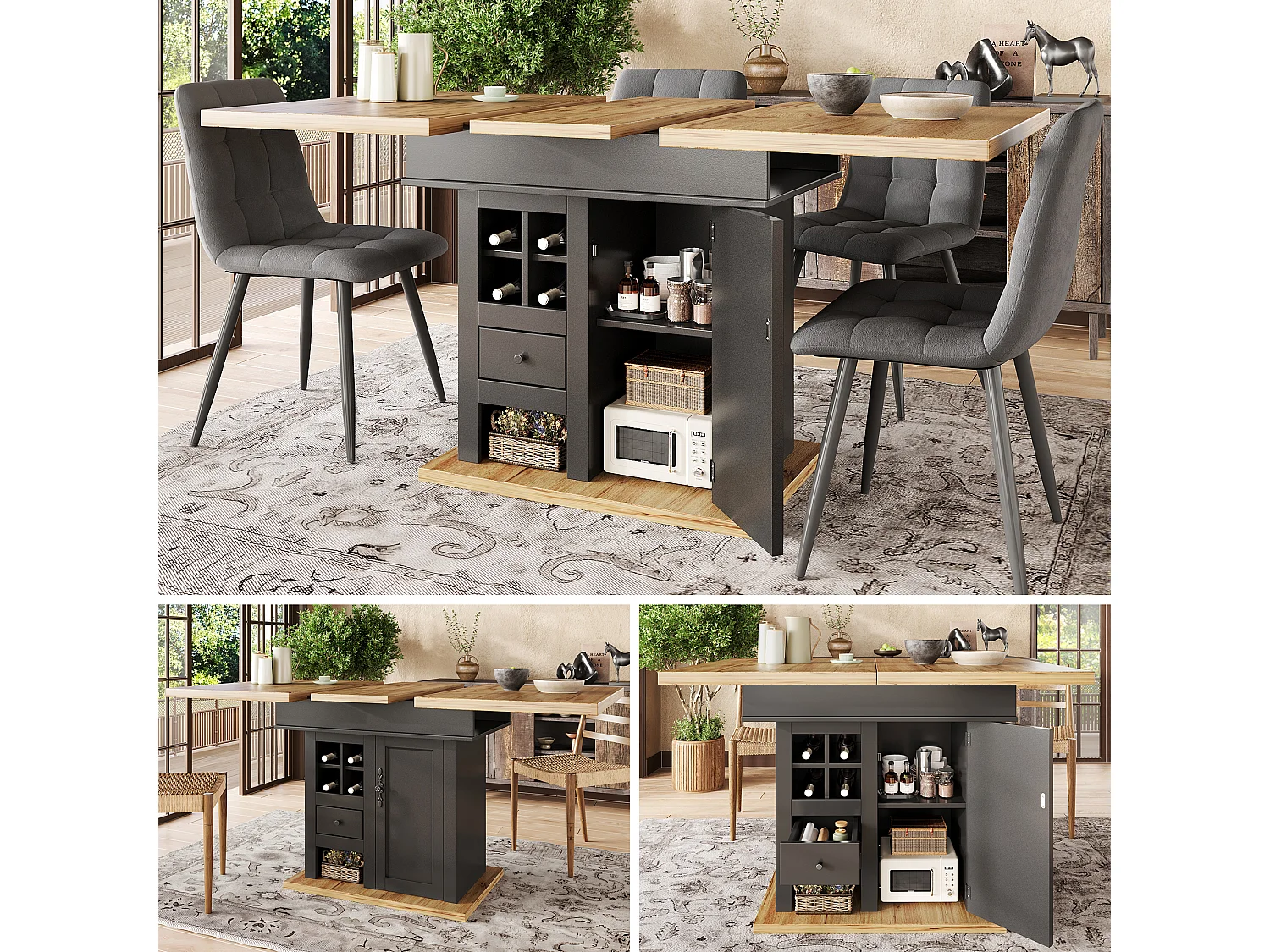 Table à manger extensible 4 à 6 personnes, 110-140 cm, noir et naturel