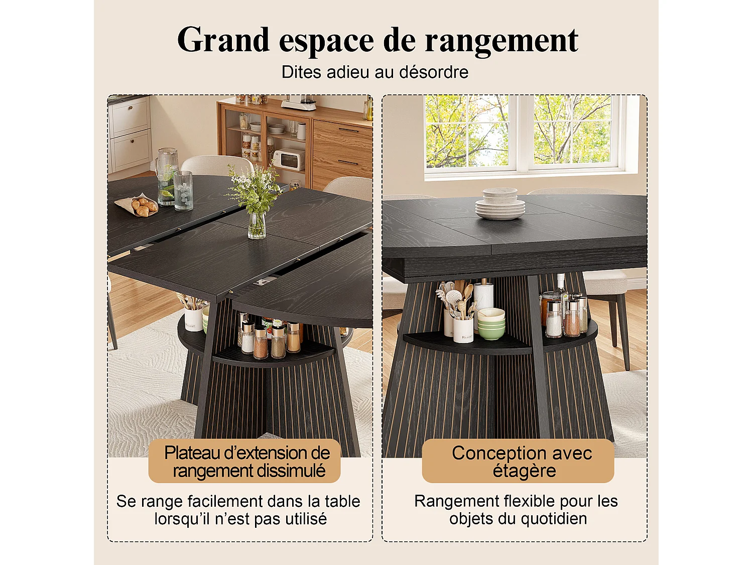 Table à manger ronde extensible noire 110 à 150 cm en MDF et métal avec rangement
