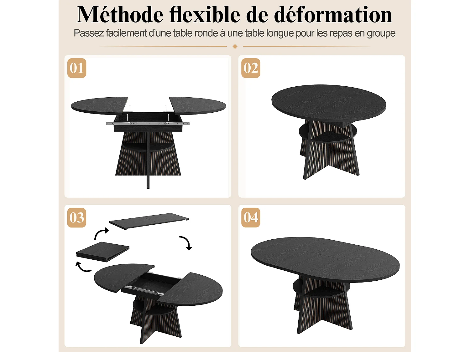 Table à manger ronde extensible noire 110 à 150 cm en MDF et métal avec rangement