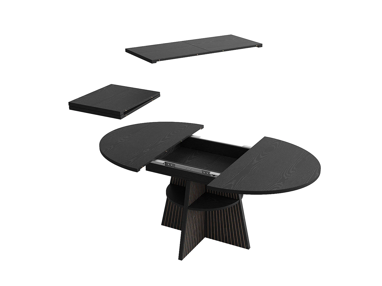 Table à manger ronde extensible noire 110 à 150 cm en MDF et métal avec rangement