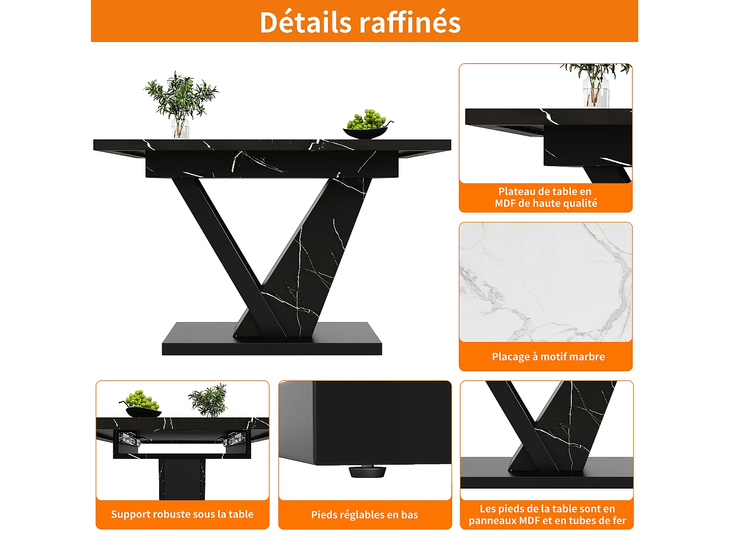 Table à manger extensible de 120 à 160 cm, effet marbre noir, pied central en V