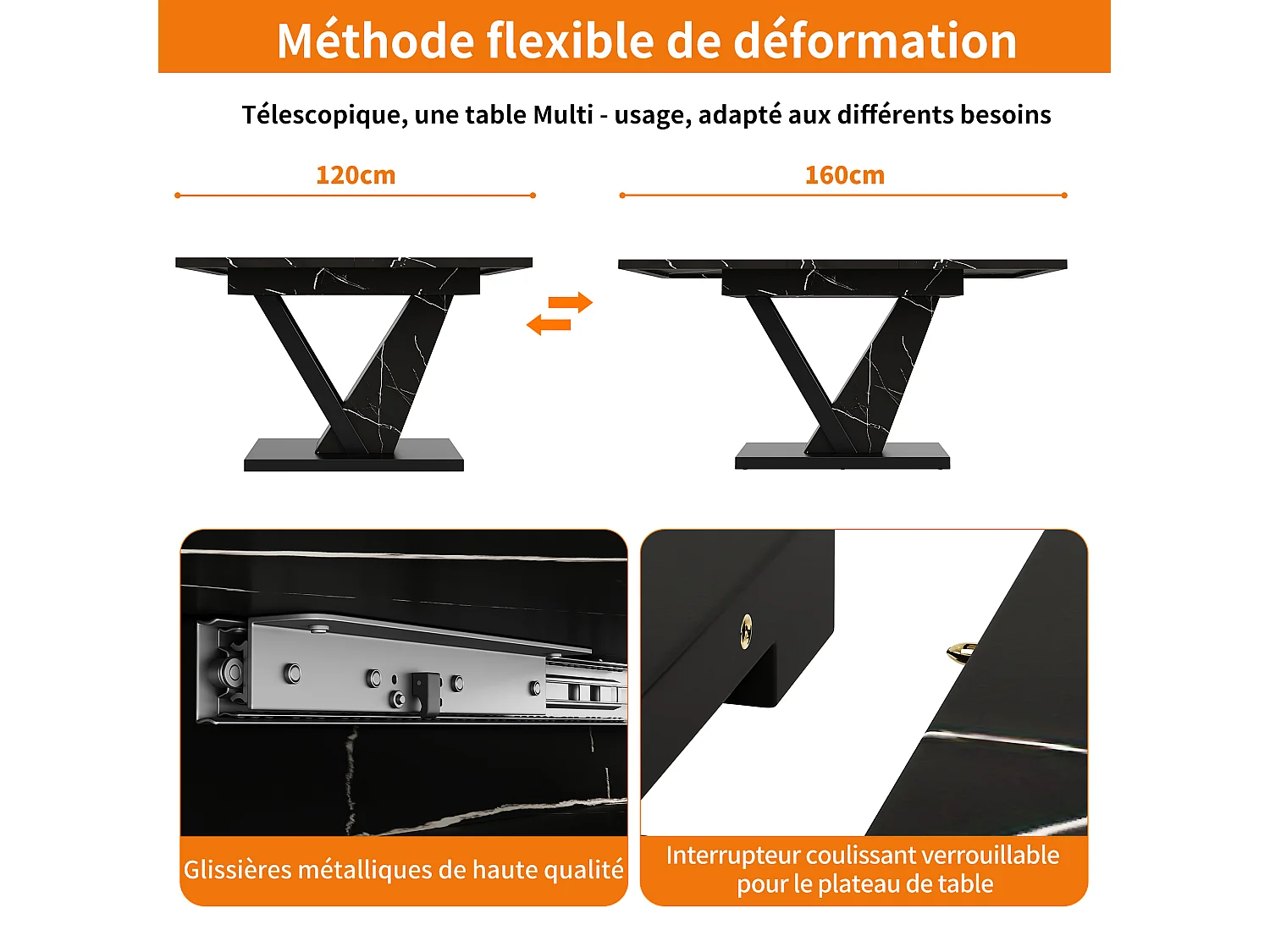 Table à manger extensible de 120 à 160 cm, effet marbre noir, pied central en V