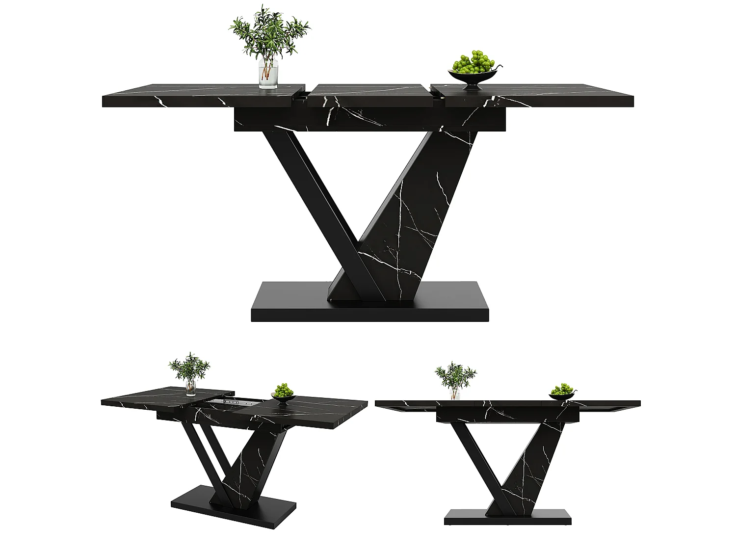 Table à manger extensible de 120 à 160 cm, effet marbre noir, pied central en V
