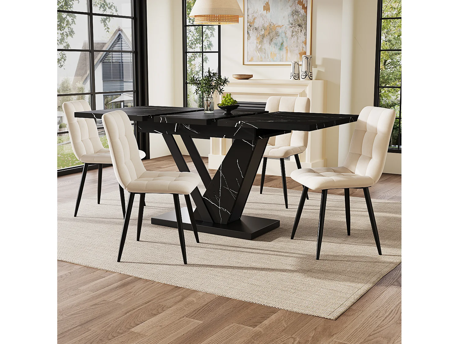 Table à manger extensible de 120 à 160 cm, effet marbre noir, pied central en V