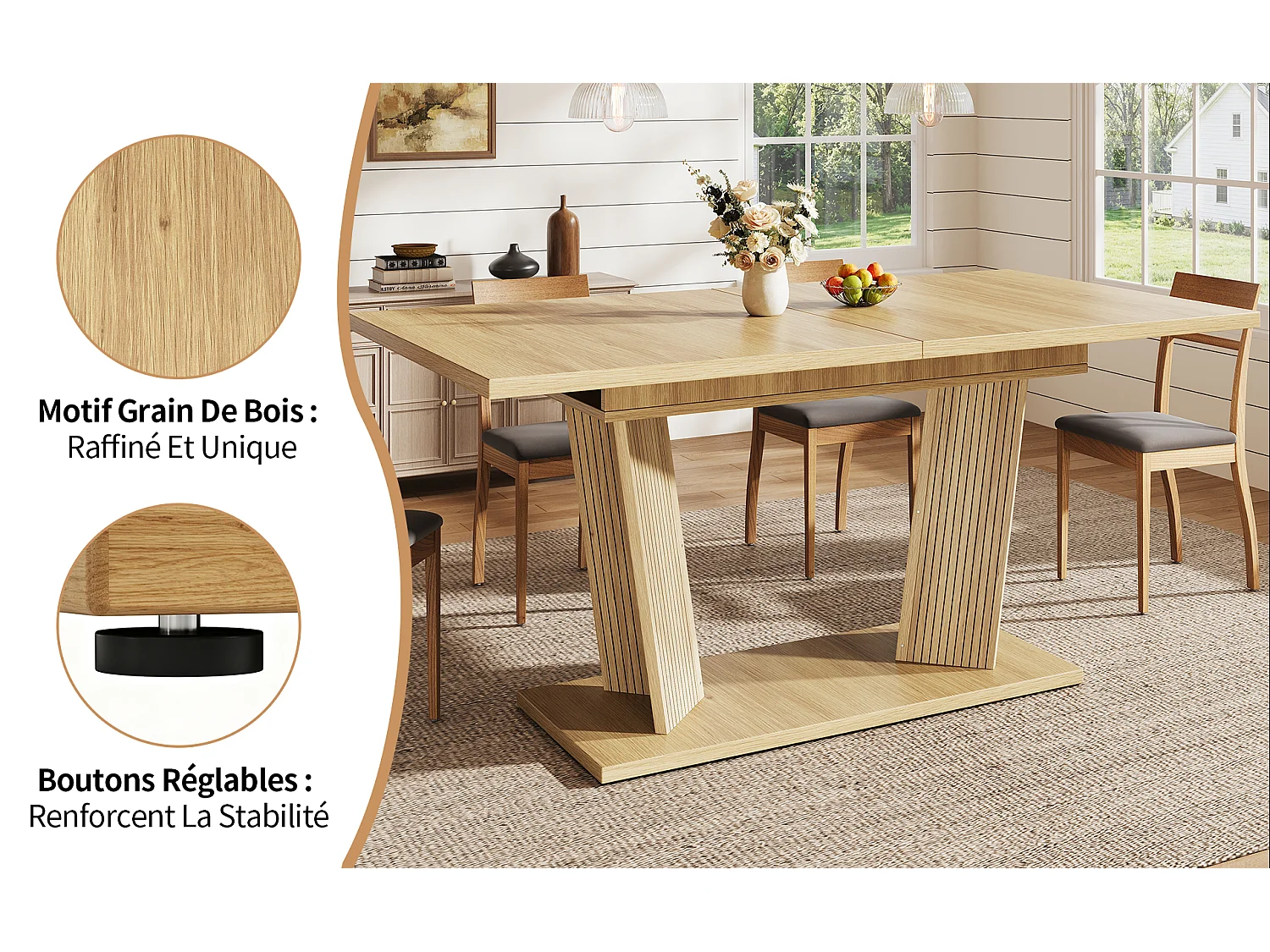 Table à manger extensible 120 à 160 cm en MDF effet bois brun clair