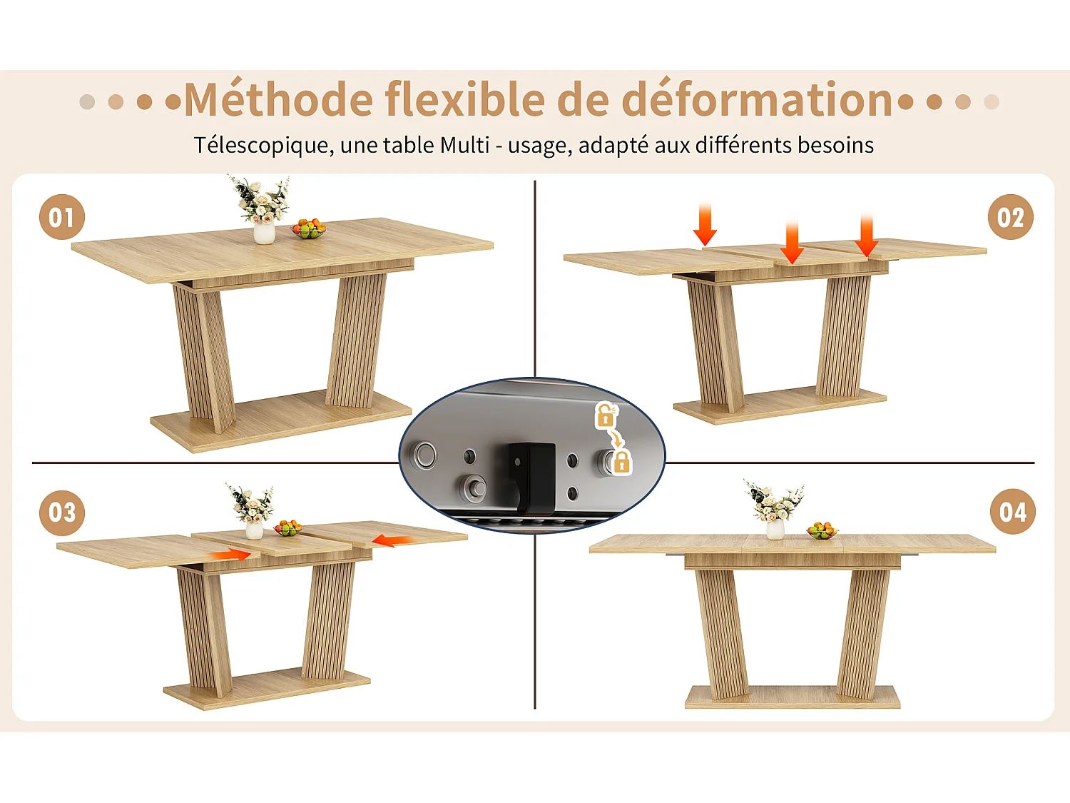 Table à manger extensible 120 à 160 cm en MDF effet bois brun clair