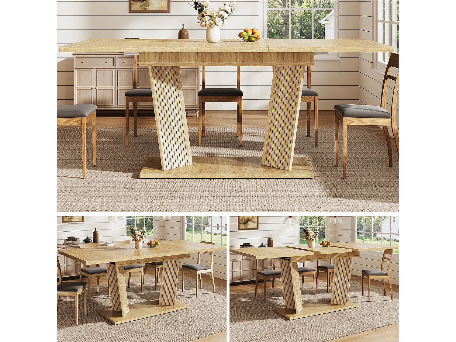 Table à manger extensible 120 à 160 cm en MDF effet bois brun clair