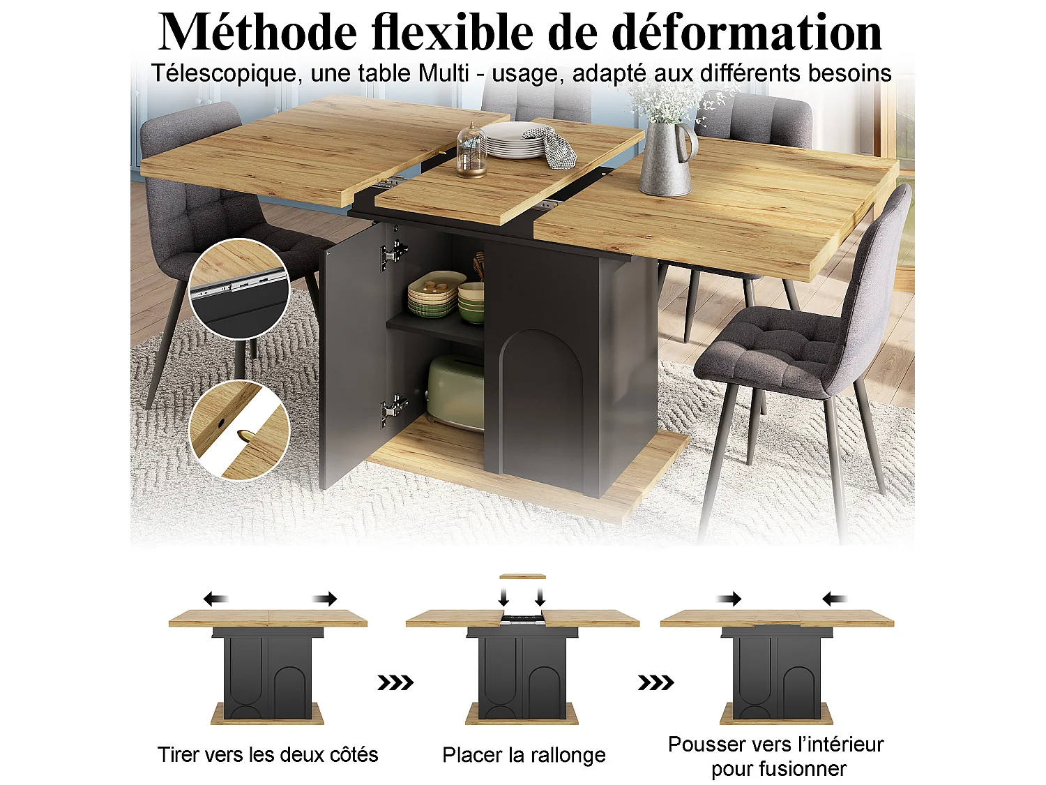 Table à manger extensible 110-140 cm avec rangement, MDF et métal, noir et décor bois naturel